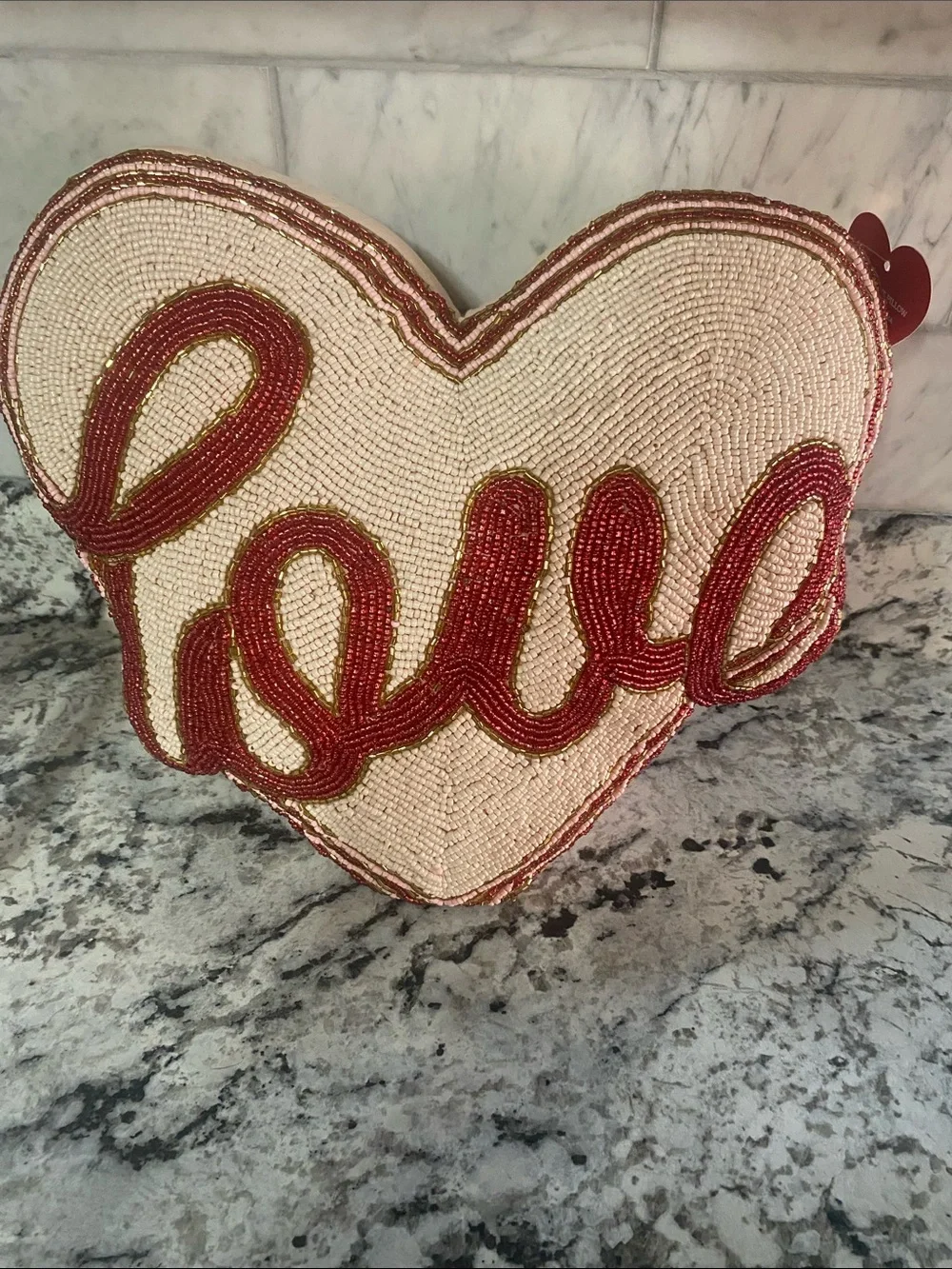 Beaded Heart Pillow with Red 'Love' Script
